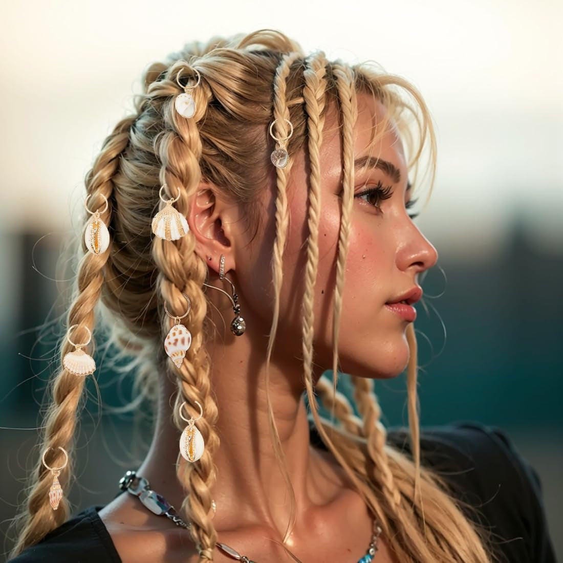 16 Pcs Seashell Conch Dreadlock Rings Charms Braids Hair Jewelry Set DIY Locs Hair Accessories Beach Shell Pendant Hair Charms for Women Men Hair Braids Ponytail Hair Decor, 8 Styles