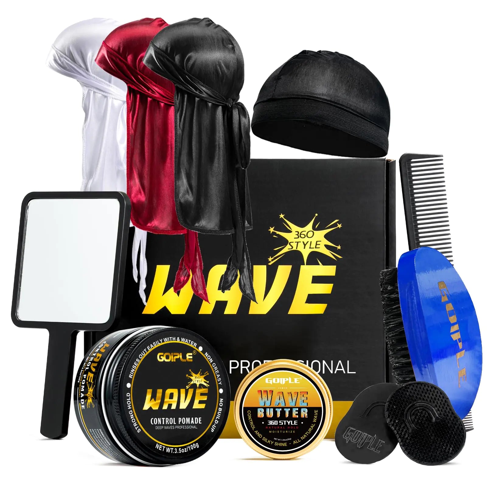 Strong Hold Wave Pomade for Men Easy Wash 360 Wave Training Hair Cream Grease Promotes Layered Waves Moisture Silky Shine Brush and Durag Cap Set (Blue)