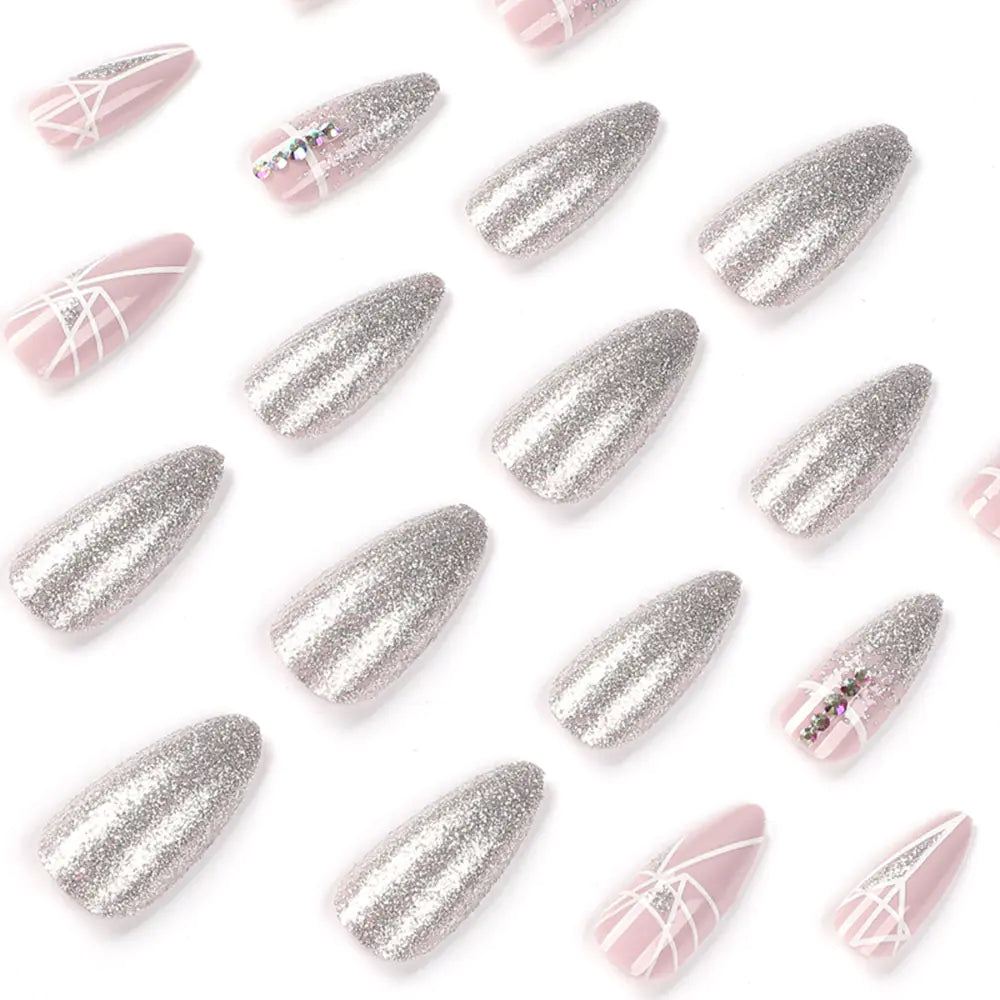 Glitter Geometric Rhinestone Mid-Length Fake Nails