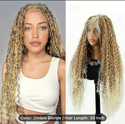 Brown And Blonde Bohemian Lace Box Braid Wig with a Triangular Full HD Transparent Lace Frontal, Measuring 30 Inches Long.