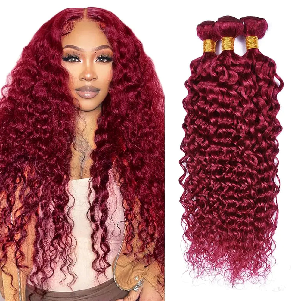 30 32 34 inch #99J Bundles Red Human Hair Bundles Burgundy Water Wave Bundles Double Weft 3 Bundles #99j Human Hair Bundles Red Wet and Wavy Bundles Burgundy Bundles