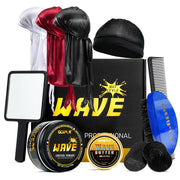 Strong Hold Wave Pomade for Men Easy Wash 360 Wave Training Hair Cream Grease Promotes Layered Waves Moisture Silky Shine Brush and Durag Cap Set (Blue)