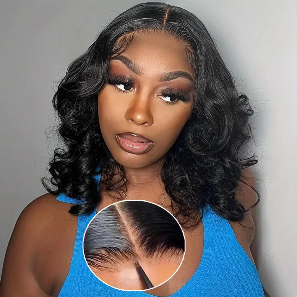 Wear and Go Glueless Wigs Human Hair Pre Plucked Pre Cut Body Wave Bob Wig Human Hair Short Wigs for Black Women 4x4 Lace Closure Glueless Wigs Human Hair Black Wig Bleached Knots 180% Density 12 Inch