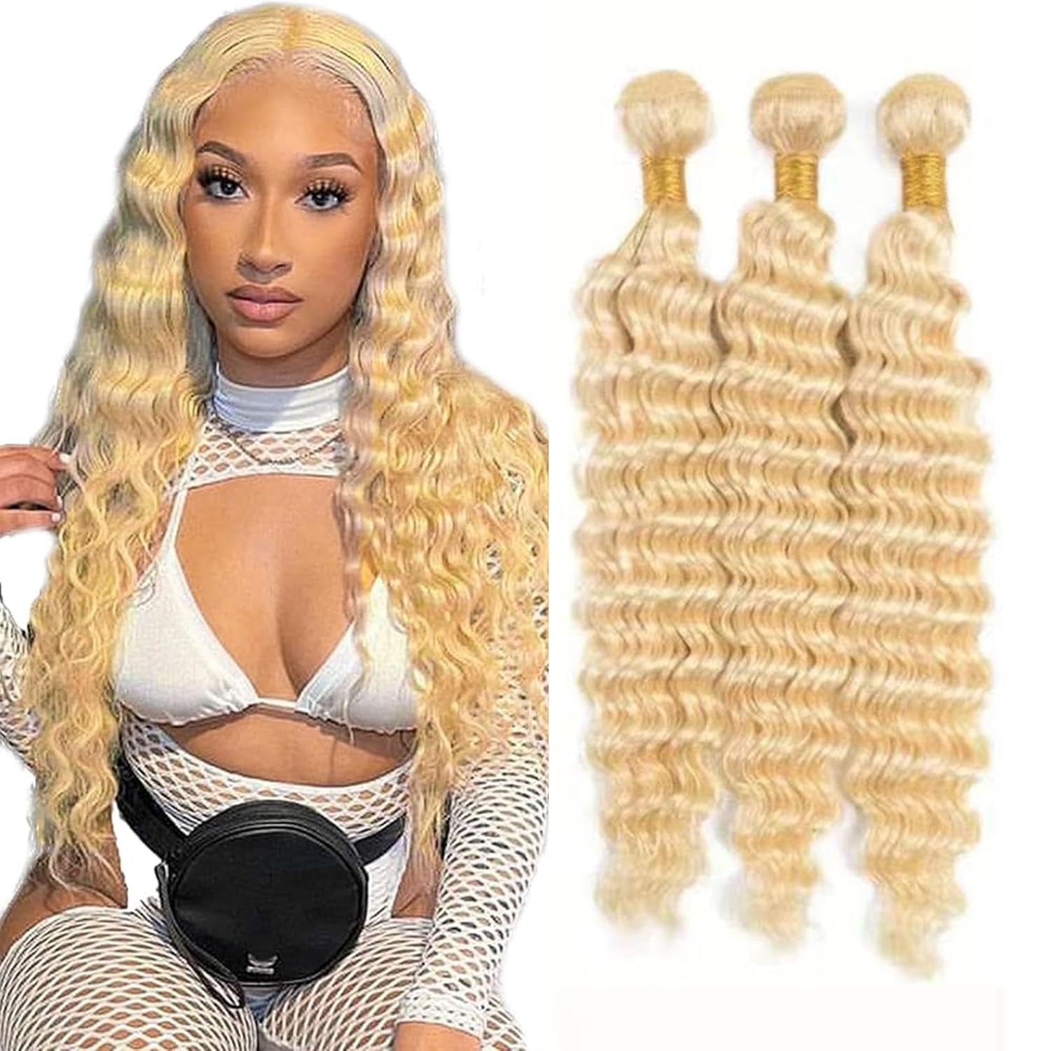 613 Blonde Deep Wave Human Hair Bundles - 8, 10, 12Inch Brazilian Virgin Hair - Deals (24, 26, 28Inch)