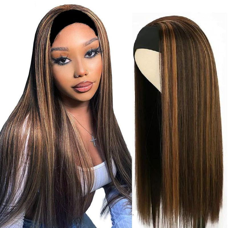 Ombre Headband Wig Synthetic Hair Straight 24Inch 4/27 Highlight Headband Wigs for Black Women Glueless None Lace Front Blonde Stnthetic Hair Headband Wigs Wigs 180% Density