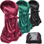 3PCS Silky Durags Pack for Men Waves, Satin Doo Rag, Award 1 Wave Cap,C