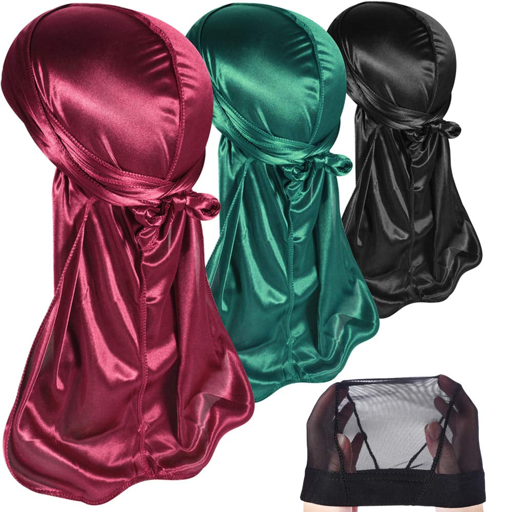 3PCS Silky Durags Pack for Men Waves, Satin Doo Rag, Award 1 Wave Cap,C