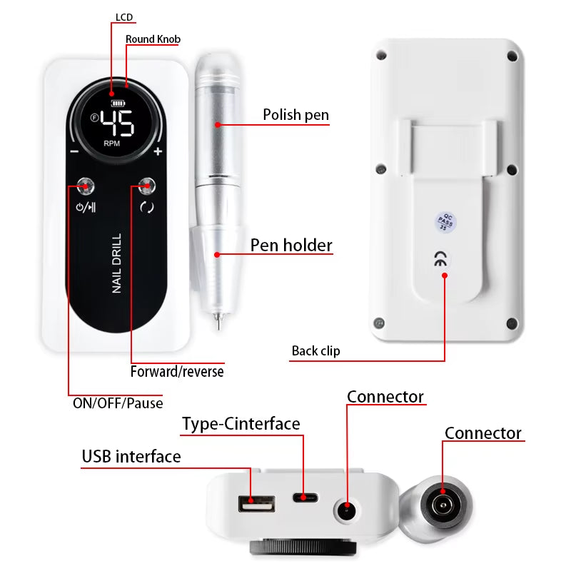 45000 RPM Rechargeable Electric Nail Drill Machine Nail Mill Cutter Sets with Nail Drill Bits Portable Nail Salon Nail Files Kit
