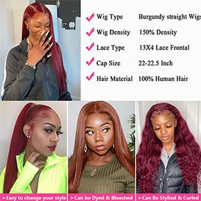99J Burgundy Straight 13X4 Lace Front Human Hair Wig for Women, Straight 99J Lace Frontal Wig Pre Plucked with Baby Hair Brazilian Remy Hair Glueless Wine Red Colored 150% Density