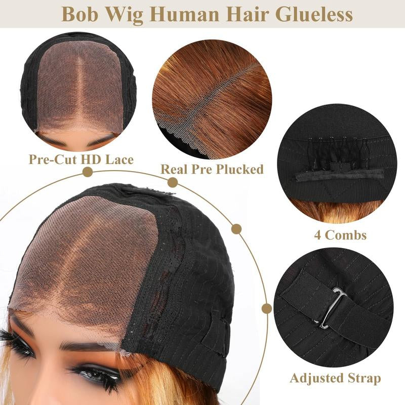 Wear and Go Glueless Bob Wig Human Hair 4/27 Ombre Highlight Bob Wig Human Hair Glueless 4X4 HD Lace Closure Glueless Wigs Human Hair Pre Plucked 180% Density Short Straight Blonde Bob Wigs for Women