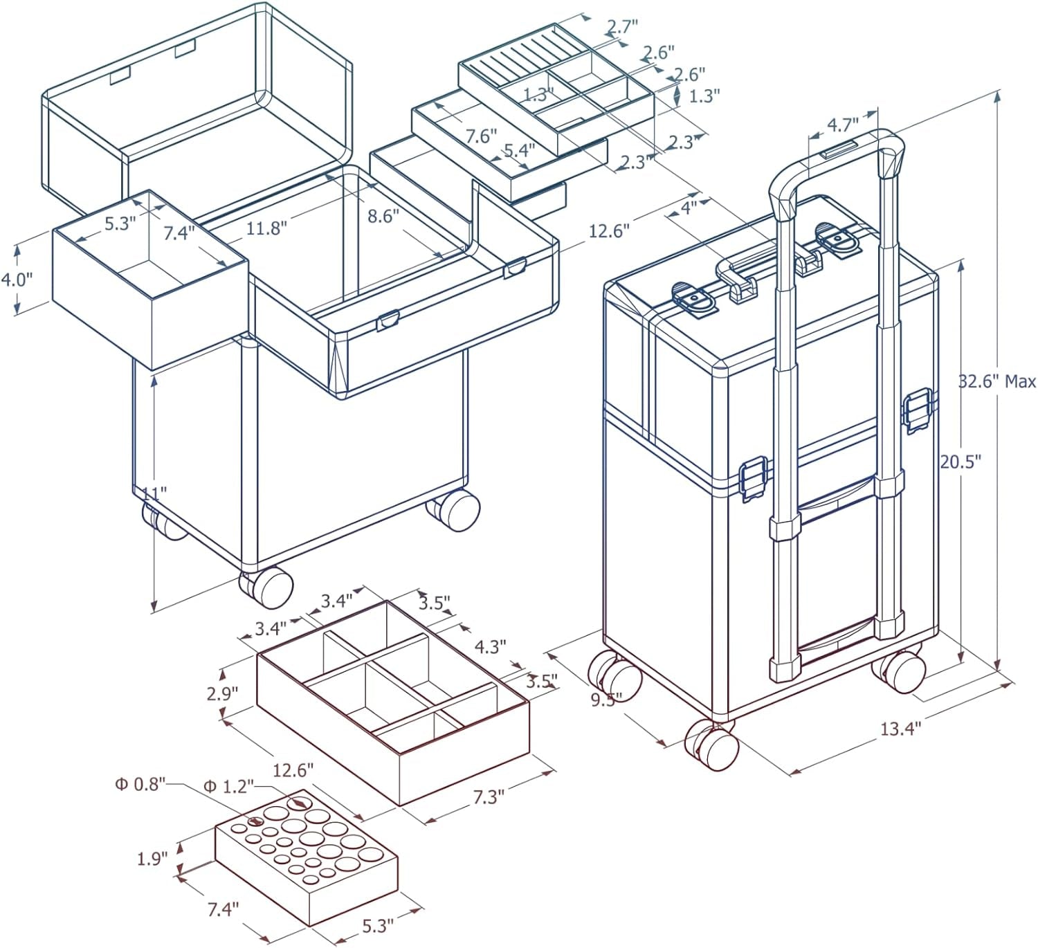 Rolling Makeup Train Case Large Storage Cosmetic Trolley 4 Tray with Sliding Rail Removable Middle Layer with Key Swivel Wheels Salon Barber Case Traveling Cart Trunk