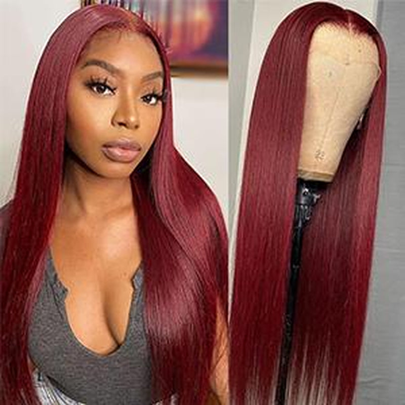 99J Burgundy Straight 13X4 Lace Front Human Hair Wig for Women, Straight 99J Lace Frontal Wig Pre Plucked with Baby Hair Brazilian Remy Hair Glueless Wine Red Colored 150% Density