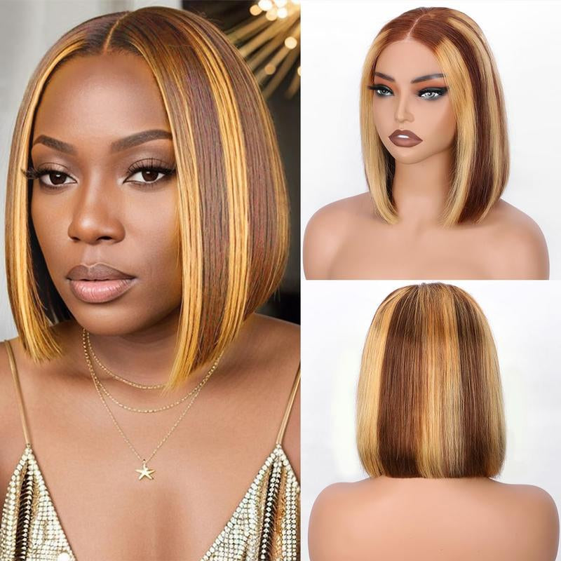 Wear and Go Glueless Bob Wig Human Hair 4/27 Ombre Highlight Bob Wig Human Hair Glueless 4X4 HD Lace Closure Glueless Wigs Human Hair Pre Plucked 180% Density Short Straight Blonde Bob Wigs for Women