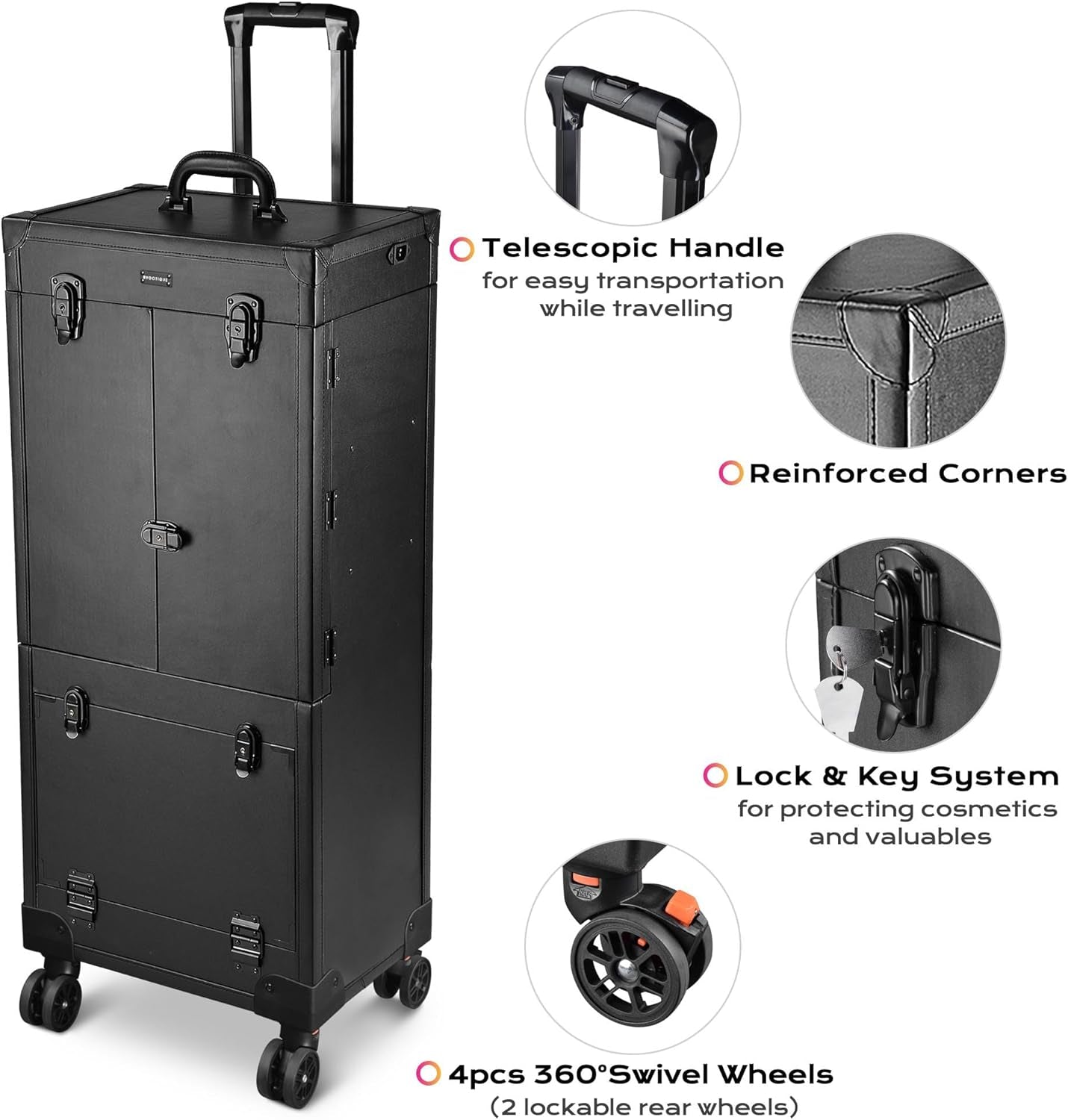 Black Rolling Makeup Case Trolley Lockable with Mirror Light Pro Large Cosmetic for Artists Hair Stylist Barber Organized