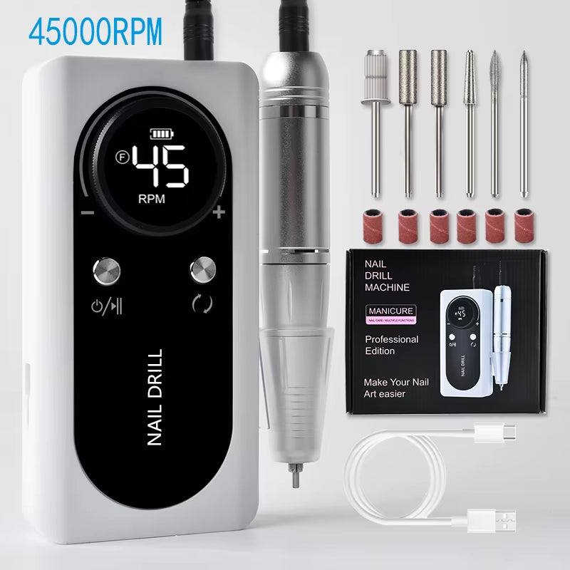 45000 RPM Rechargeable Electric Nail Drill Machine Nail Mill Cutter Sets with Nail Drill Bits Portable Nail Salon Nail Files Kit