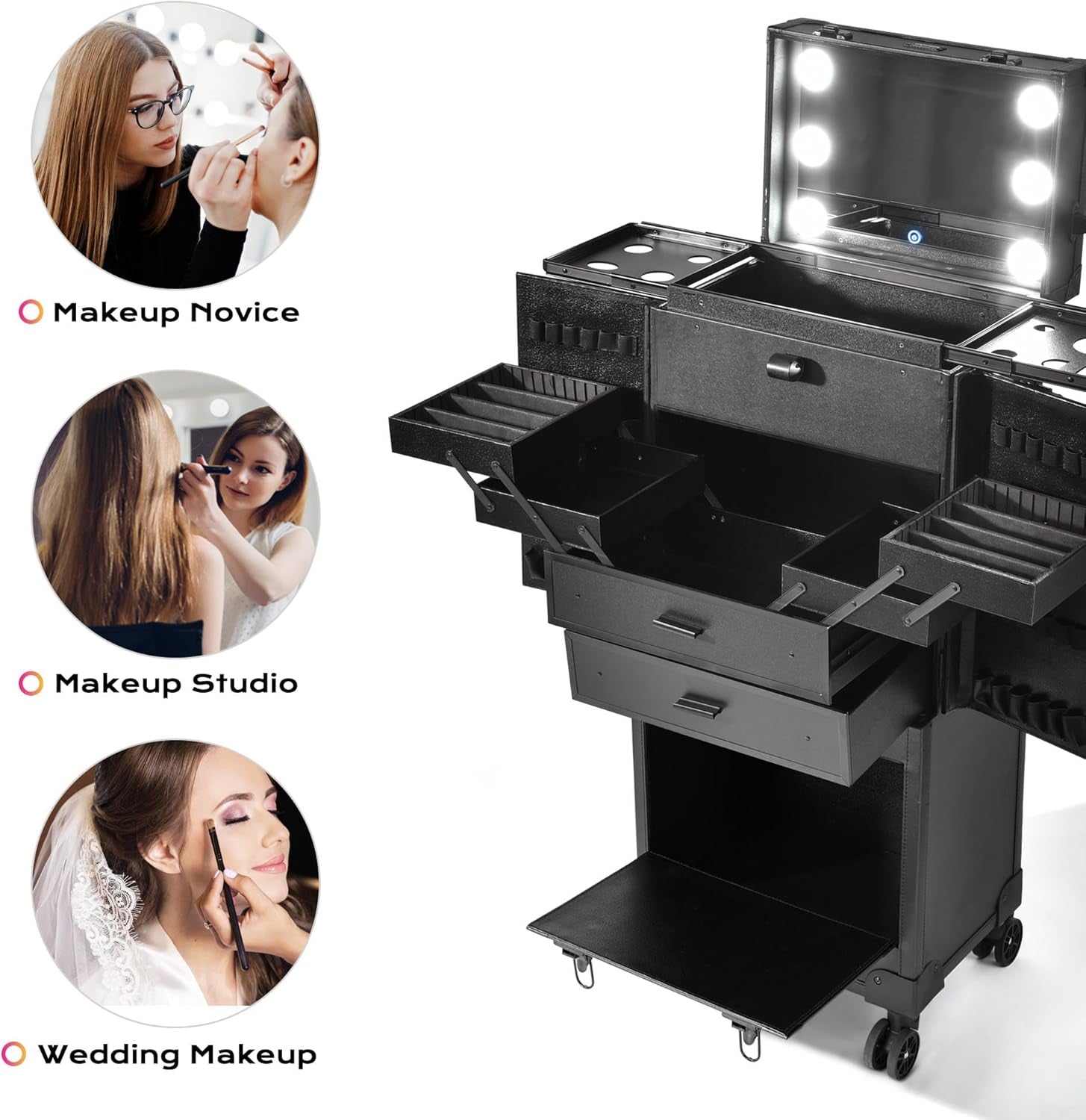 Black Rolling Makeup Case Trolley Lockable with Mirror Light Pro Large Cosmetic for Artists Hair Stylist Barber Organized