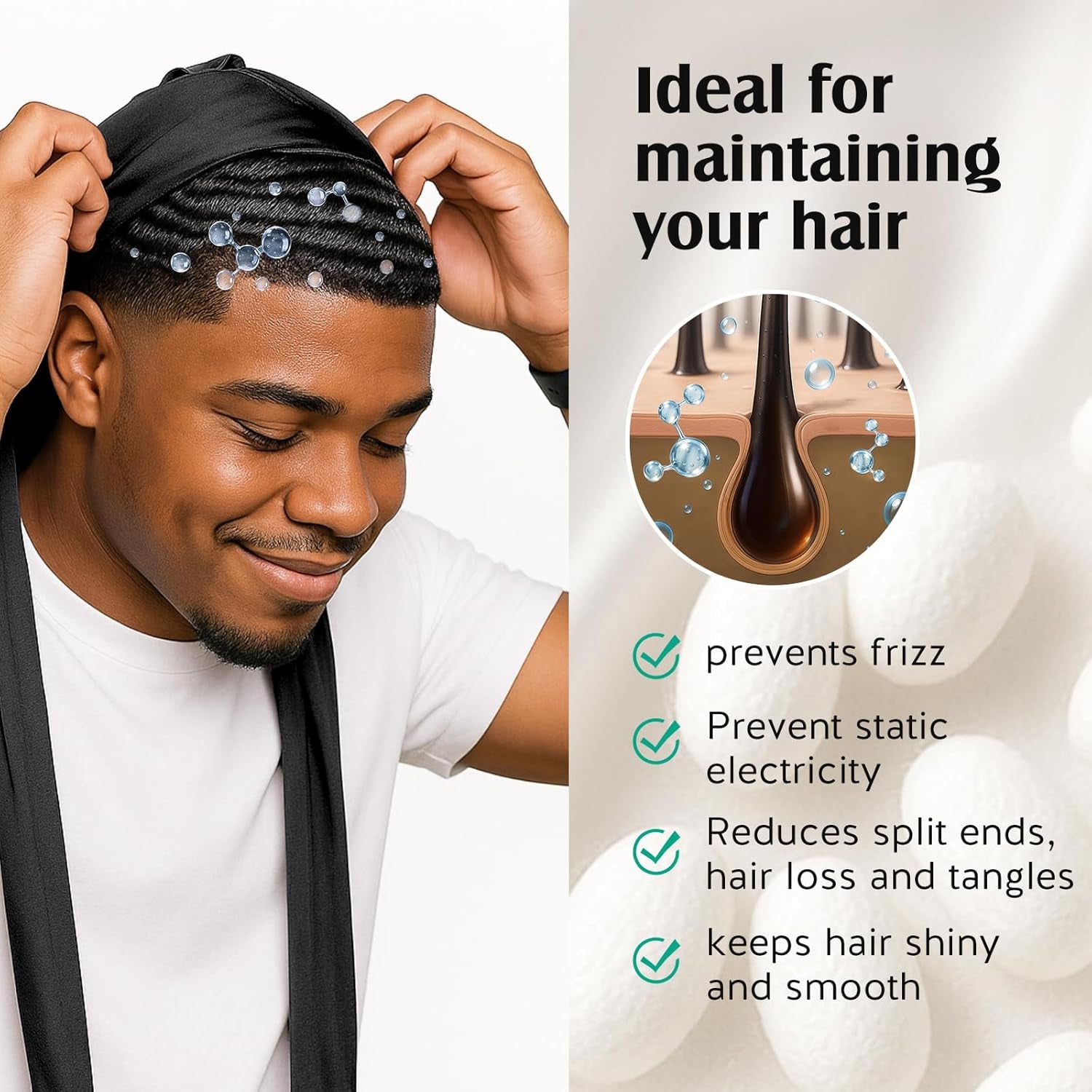 100% 22 Momme Mulberry Silk Durags for Men Women, Extra Long Strap Silky Durag,