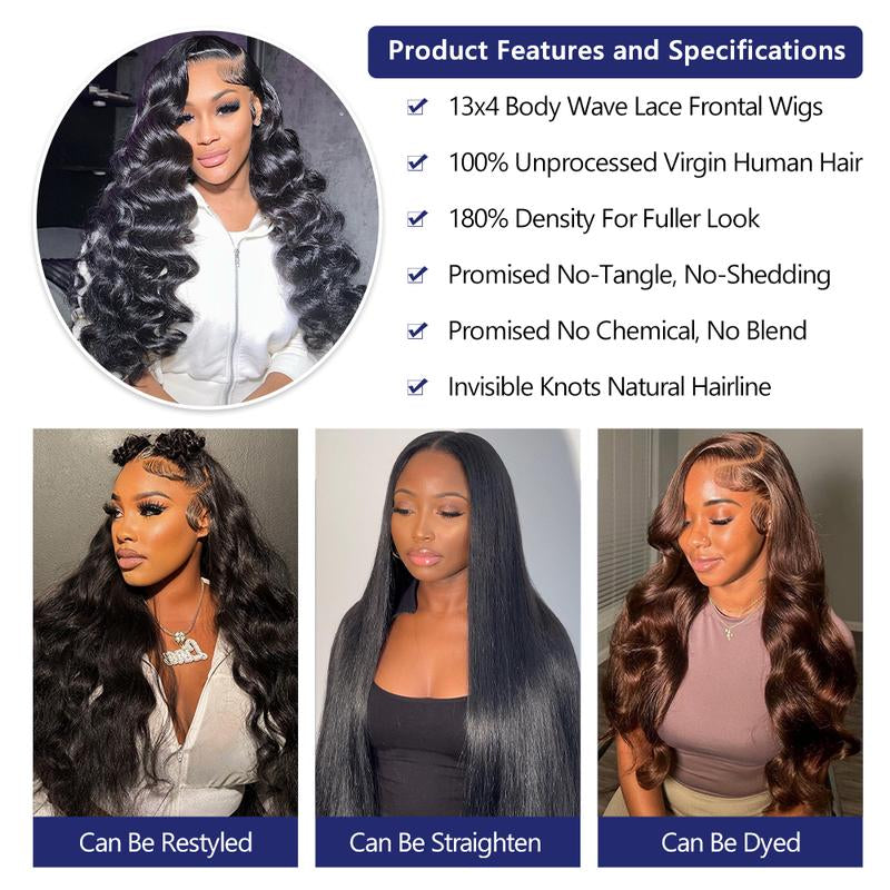 Body Wave Lace Front Wigs Human Hair 13X4 HD Transparent Lace Frontal Wig 180% Density Glueless Frontal Wigs for Black Women Pre Plucked with Baby Hair