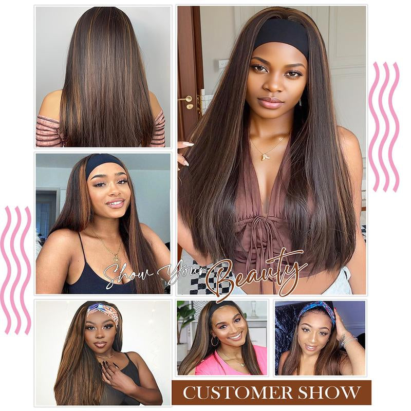 Ombre Headband Wig Synthetic Hair Straight 24Inch 4/27 Highlight Headband Wigs for Black Women Glueless None Lace Front Blonde Stnthetic Hair Headband Wigs Wigs 180% Density