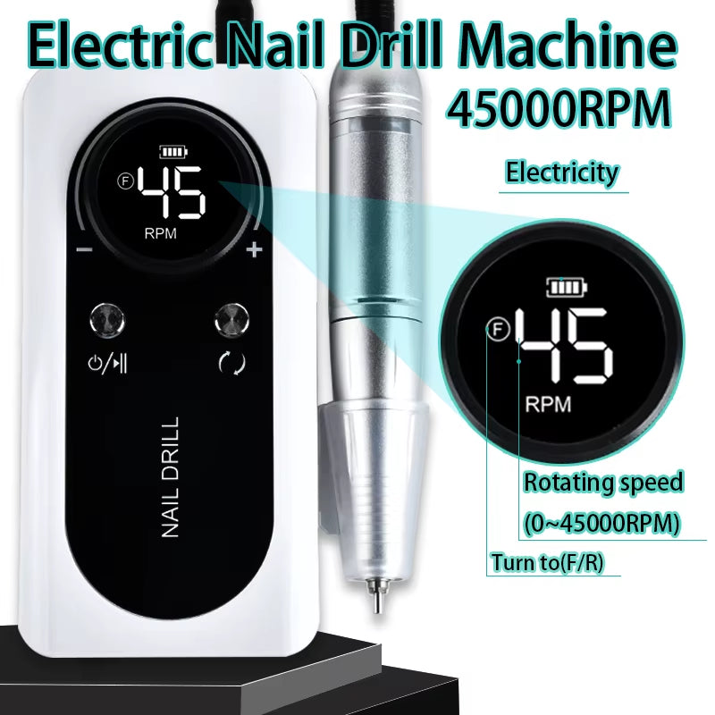 45000 RPM Rechargeable Electric Nail Drill Machine Nail Mill Cutter Sets with Nail Drill Bits Portable Nail Salon Nail Files Kit