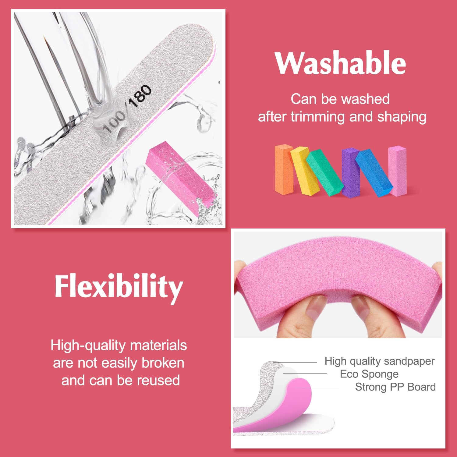 Nail Files and Buffers, Natural and Acrylic Nail Care Kit, 6 Pcs 100/180 Grit File, 6 Pcs Rectangular Buffer Blocks and 2 Brushes