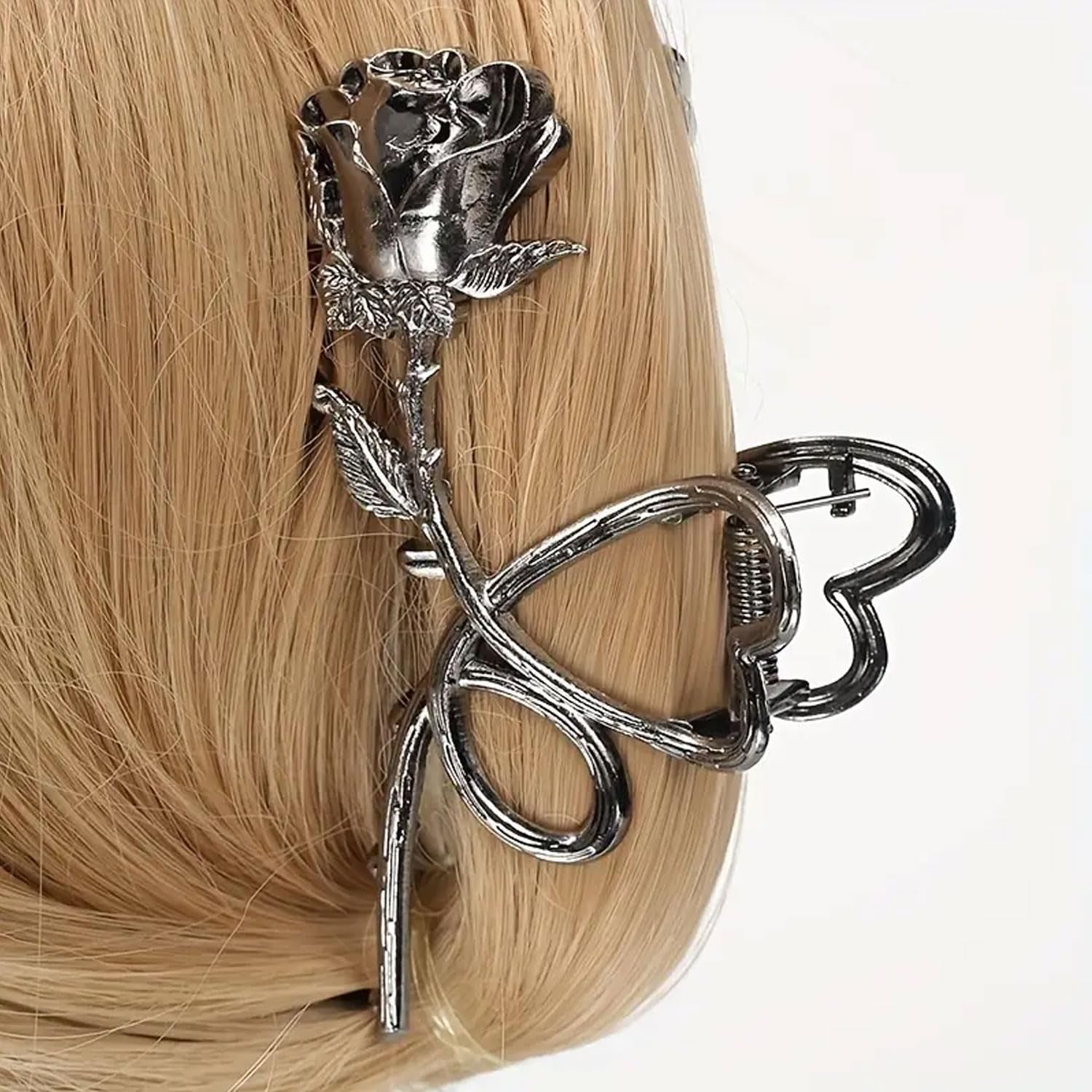 Rose Metal Hair Claw Clips, 1Pc Flower Non-Slip Hair Claw for Thin/Thick Hair - Fashionable Hair Styling Accessory for Women and Girls (Black Rose)