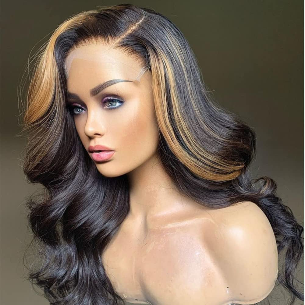 Honey Blonde Highlights Human Hair Wigs 5X5 HD Transparent Lace Closure Wigs Human Hair #27 Colored Loose Body Wave Glueless Lace Wig for Black Women Pre Plucked (14 Inch, 5X5 HD Transparent Lace Closure Wig)