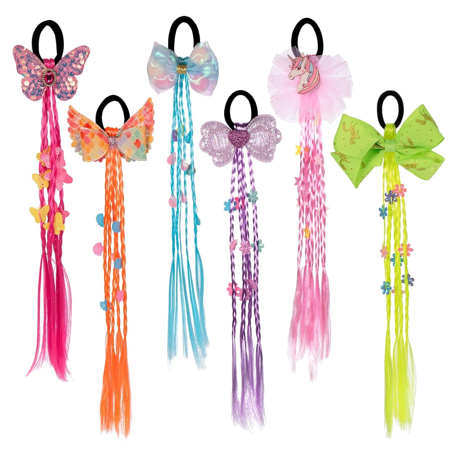 6 Pcs Colored Hair Extensions for Kids, Hair Braided Ponytail for Girls, Little Girl Hair Clips Accessories for Ponytails Princess Dress Up