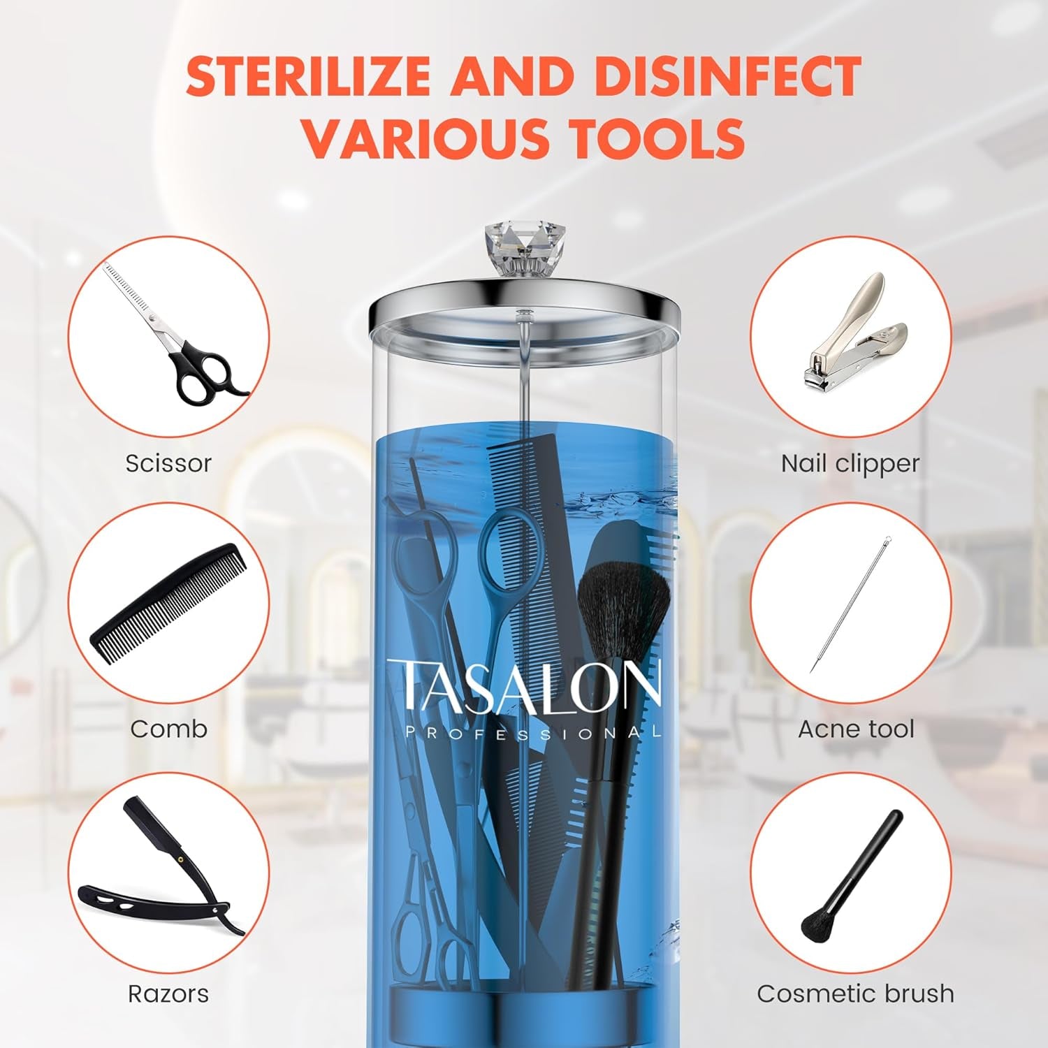 Barber Jar (45.5 Oz) with Crystal Handle - Disinfectant Jar for Salon, Spa and Manicure Shop - Durable Glass and Sterilizing Container with Removable Stainless Steel Basket - Large