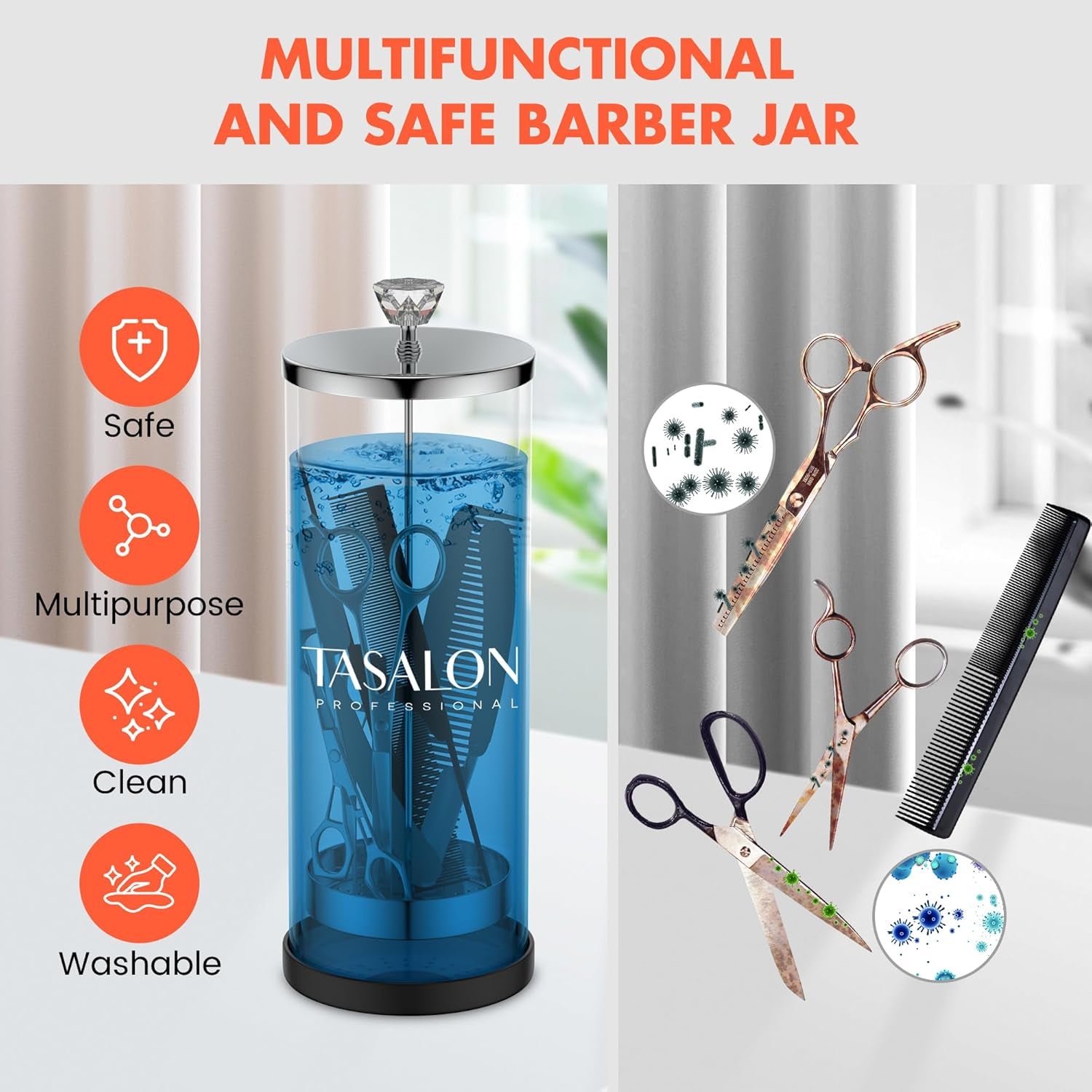 Barber Jar (45.5 Oz) with Crystal Handle - Disinfectant Jar for Salon, Spa and Manicure Shop - Durable Glass and Sterilizing Container with Removable Stainless Steel Basket - Large