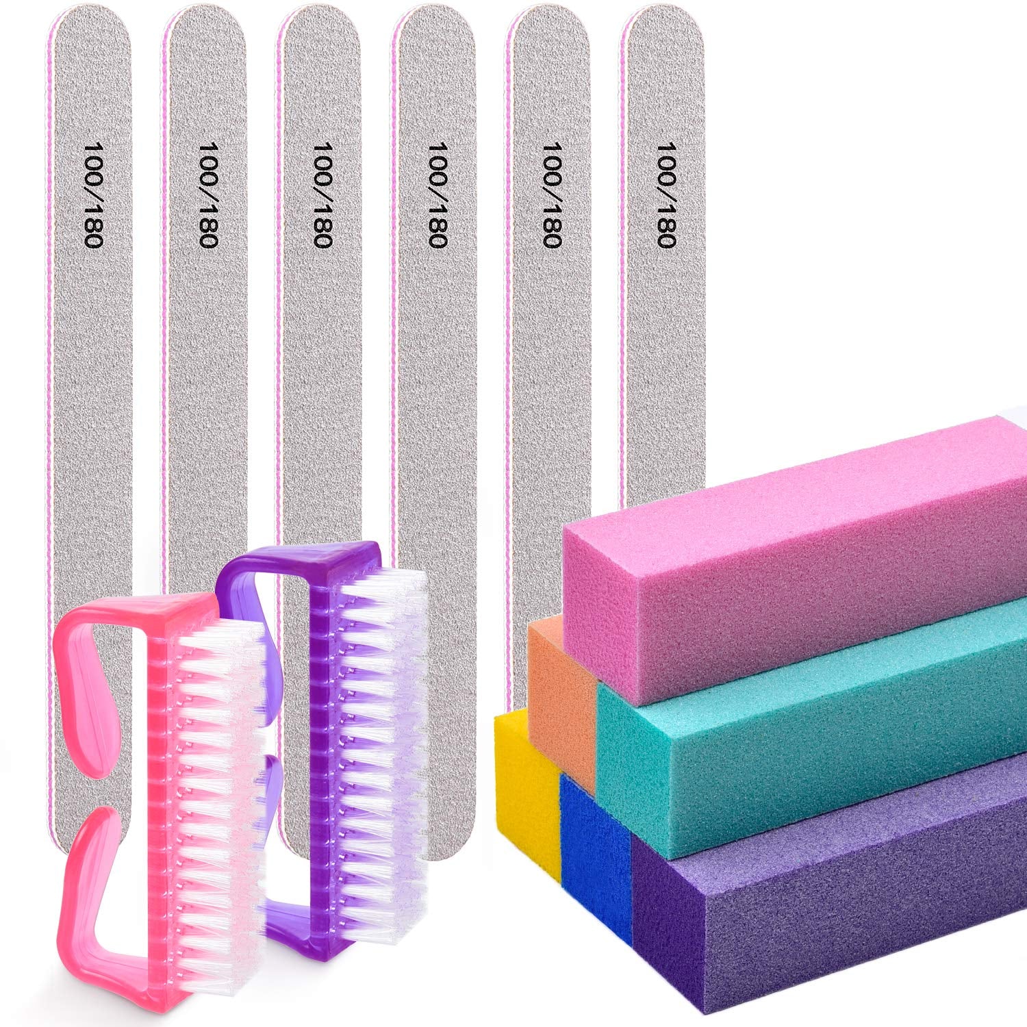 Nail Files and Buffers, Natural and Acrylic Nail Care Kit, 6 Pcs 100/180 Grit File, 6 Pcs Rectangular Buffer Blocks and 2 Brushes