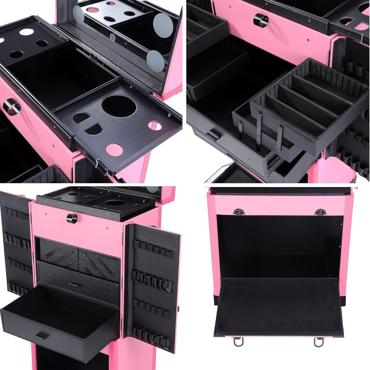 BYOOTIQUE Pink Rolling Makeup Case with Mirror Light Pro Large Cosmetic Artists Hair Stylist Barber Organized Trolley Lockable