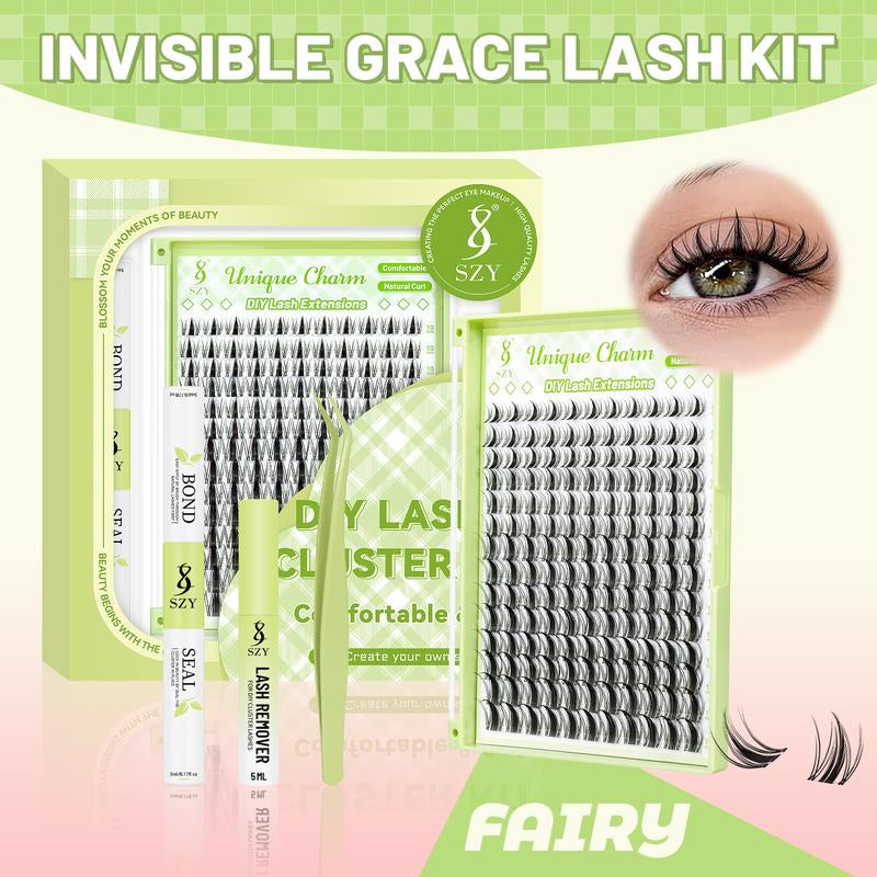 SZY Fairy Lash Clusters Kit Manga Lash Extension Kit D Curl 154Pcs Eyelash Extension Kit Wispy Natural Invisible Band Lash Kit with Waterproof DIY Lash Extension Kit at Home(Fairy-D-10-18Mix) Makeup Cosmetic Lashcluster Natural Lash Clusters