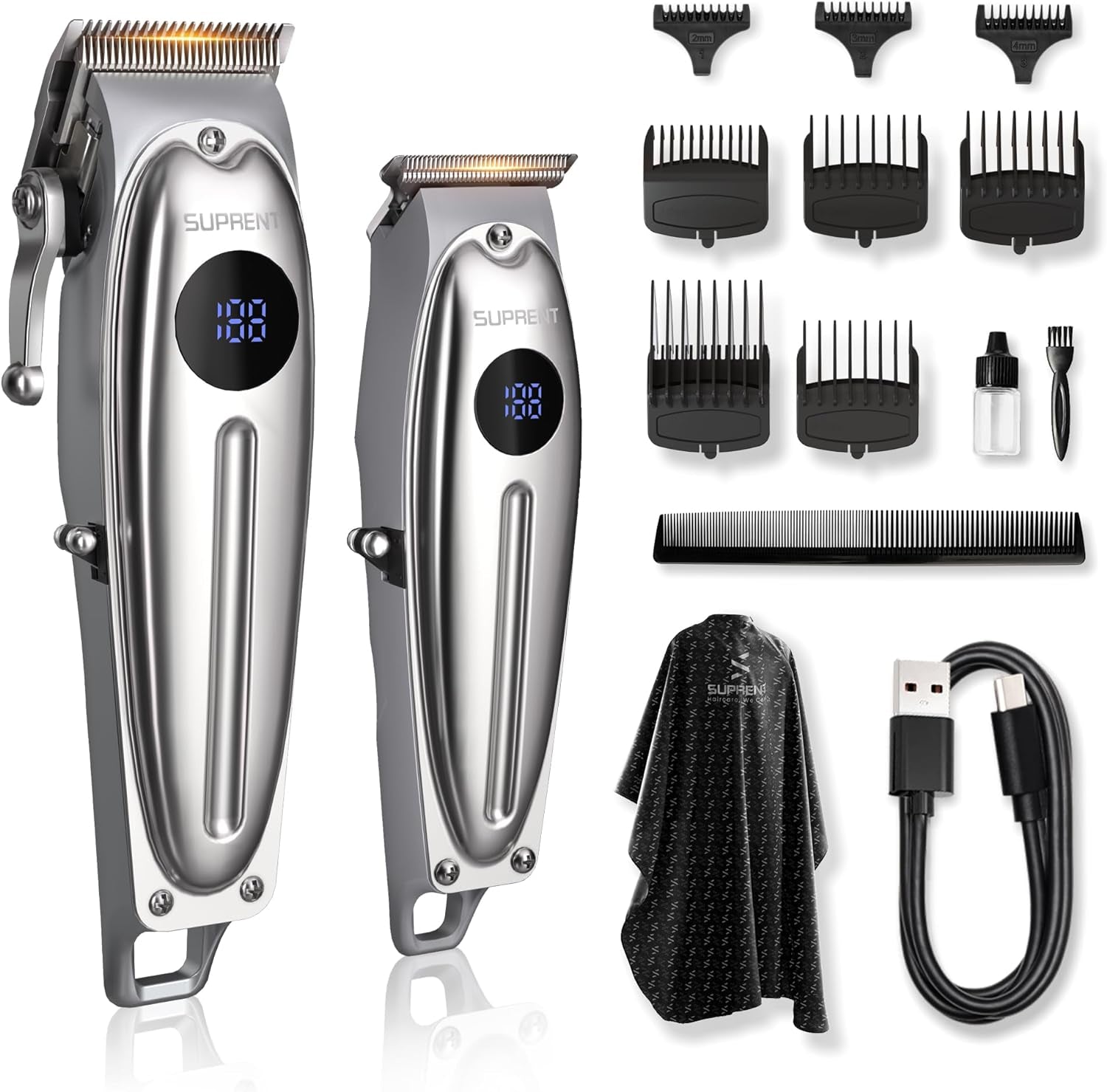 Professional Rechargeable Hair Clipper-Hair Clippers for Men, Cordless Hair Cutting Kit with LED Display (Silver)