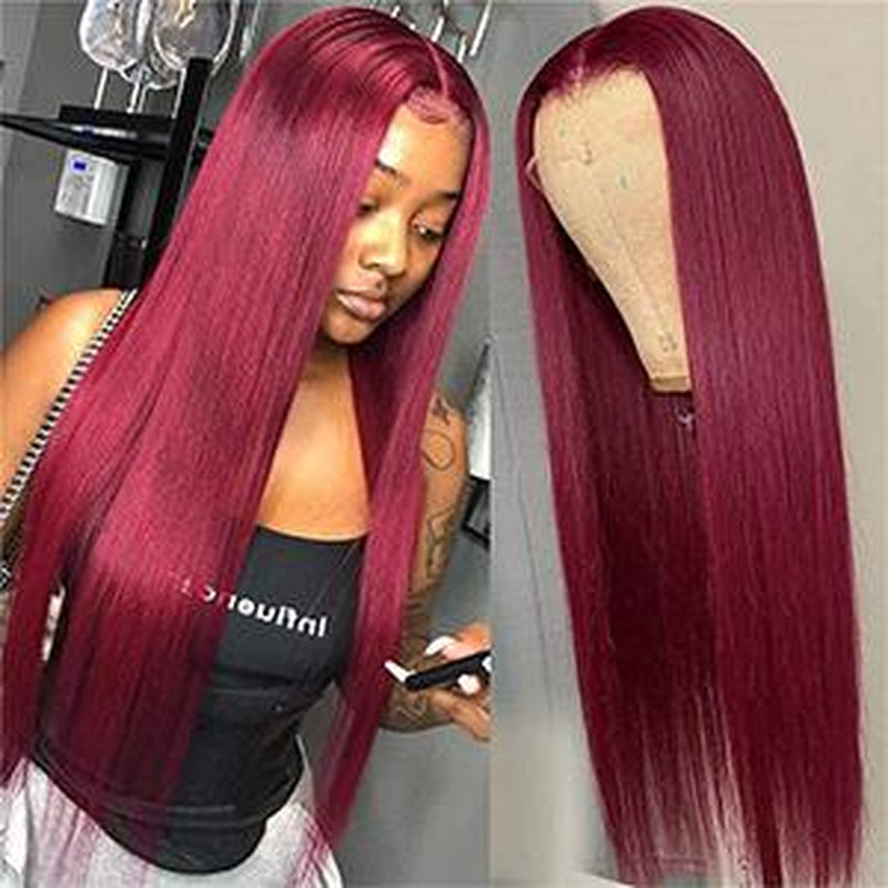 99J Burgundy Straight 13X4 Lace Front Human Hair Wig for Women, Straight 99J Lace Frontal Wig Pre Plucked with Baby Hair Brazilian Remy Hair Glueless Wine Red Colored 150% Density