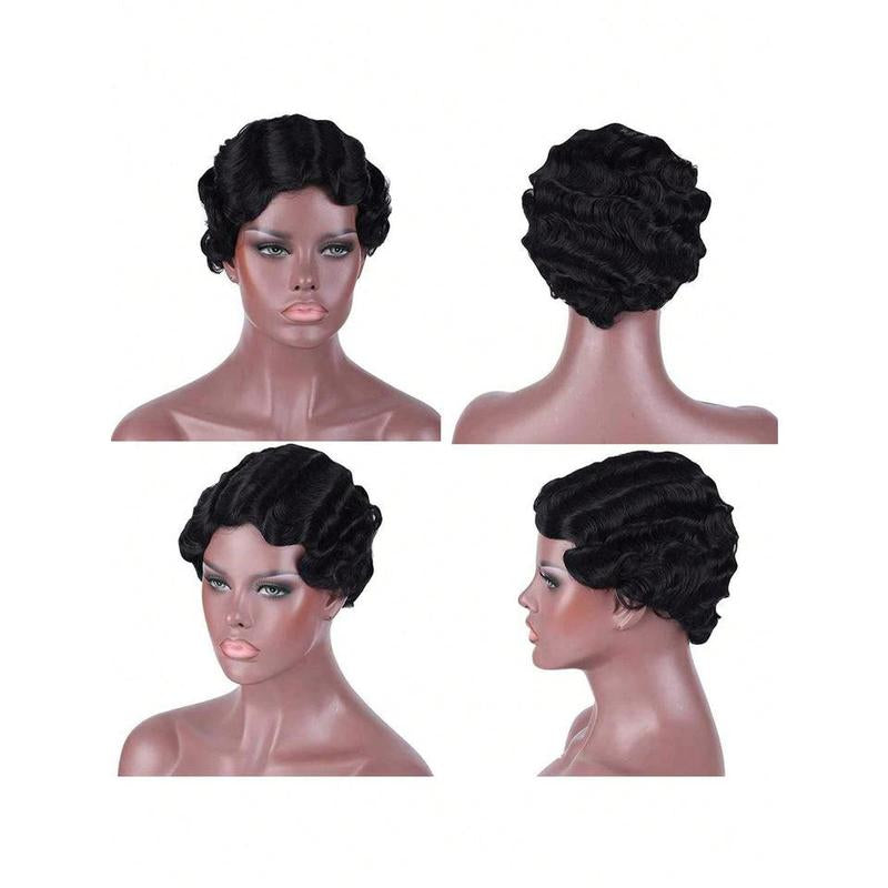Vintage Short Finger Wave Curly Wigs Pixie Cut Wigs with Bangs