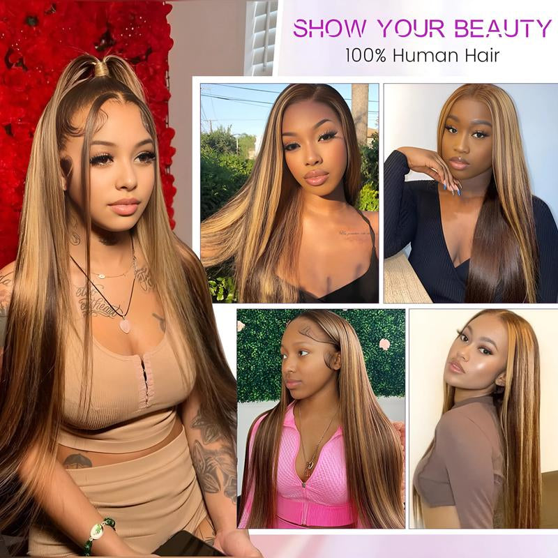 LEMO BEAUTY 13X4 HD Transparent 4/27 Human Hair Lace Front Wigs 180 Density Highlight Straight Lace Front Wigs Human Hair Pre Plucked Ombre Honey Blonde Balayage Color 24 Inch