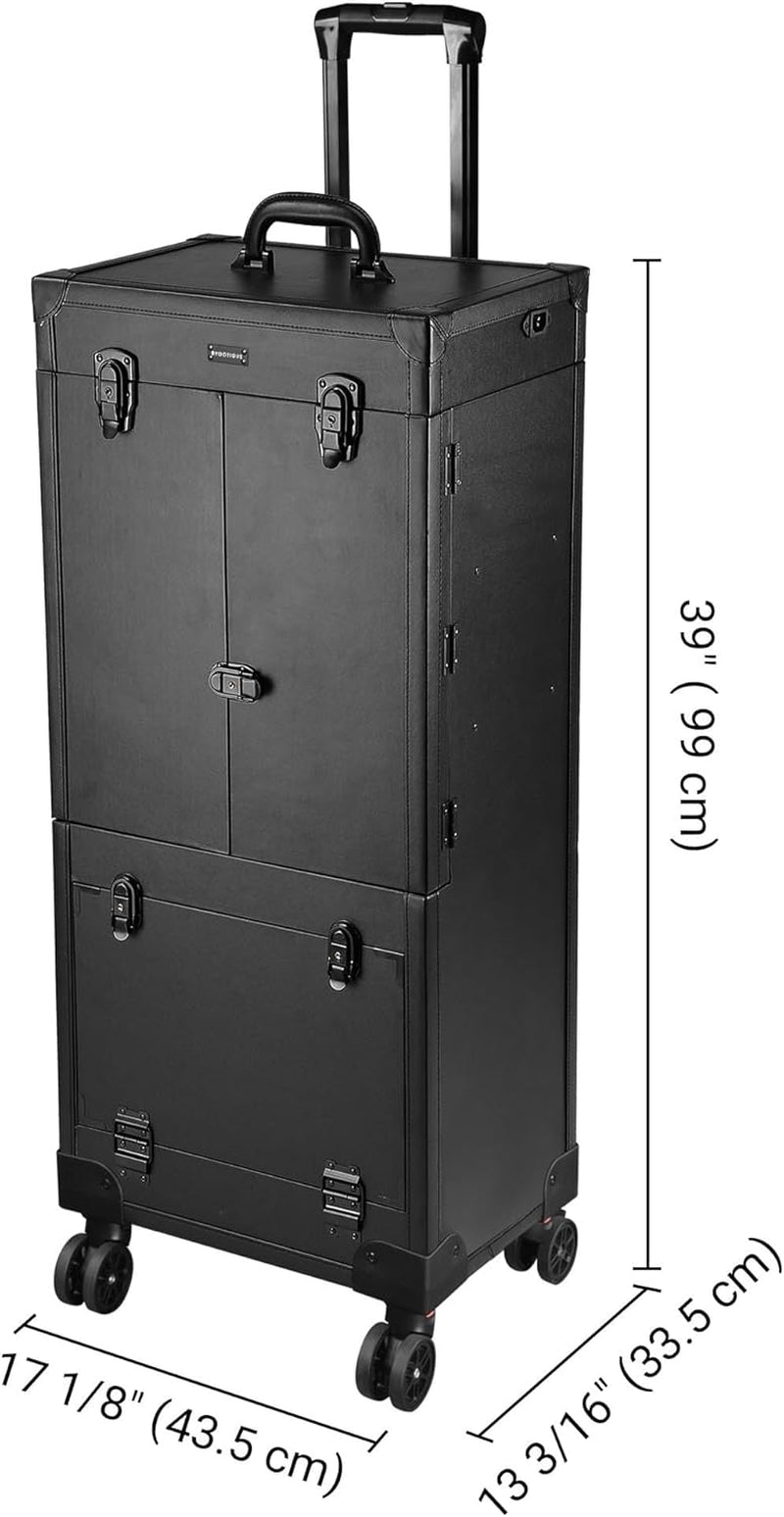 Black Rolling Makeup Case Trolley Lockable with Mirror Light Pro Large Cosmetic for Artists Hair Stylist Barber Organized