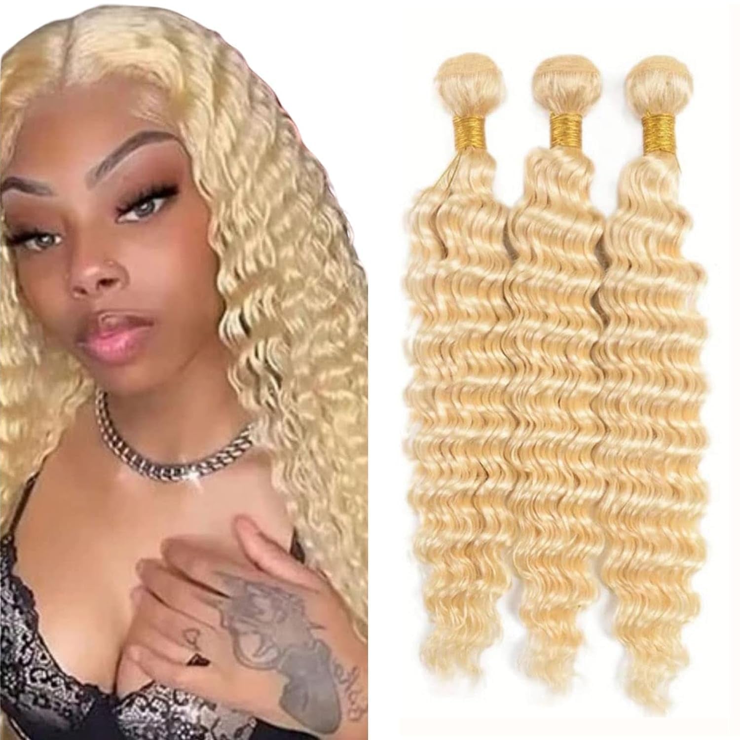 613 Blonde Deep Wave Human Hair Bundles - 8, 10, 12Inch Brazilian Virgin Hair - Deals (24, 26, 28Inch)
