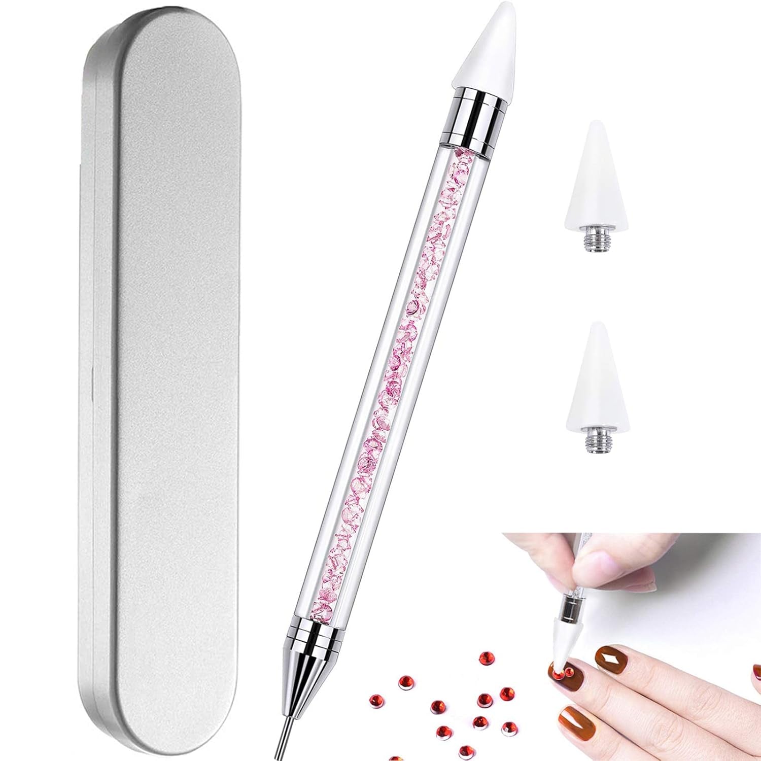 Nail Rhinestone Picker Dotting Tool with Extra 2 Wax Head, Dual-Ended DIY Nail Art Tool with Pink Acrylic Handle