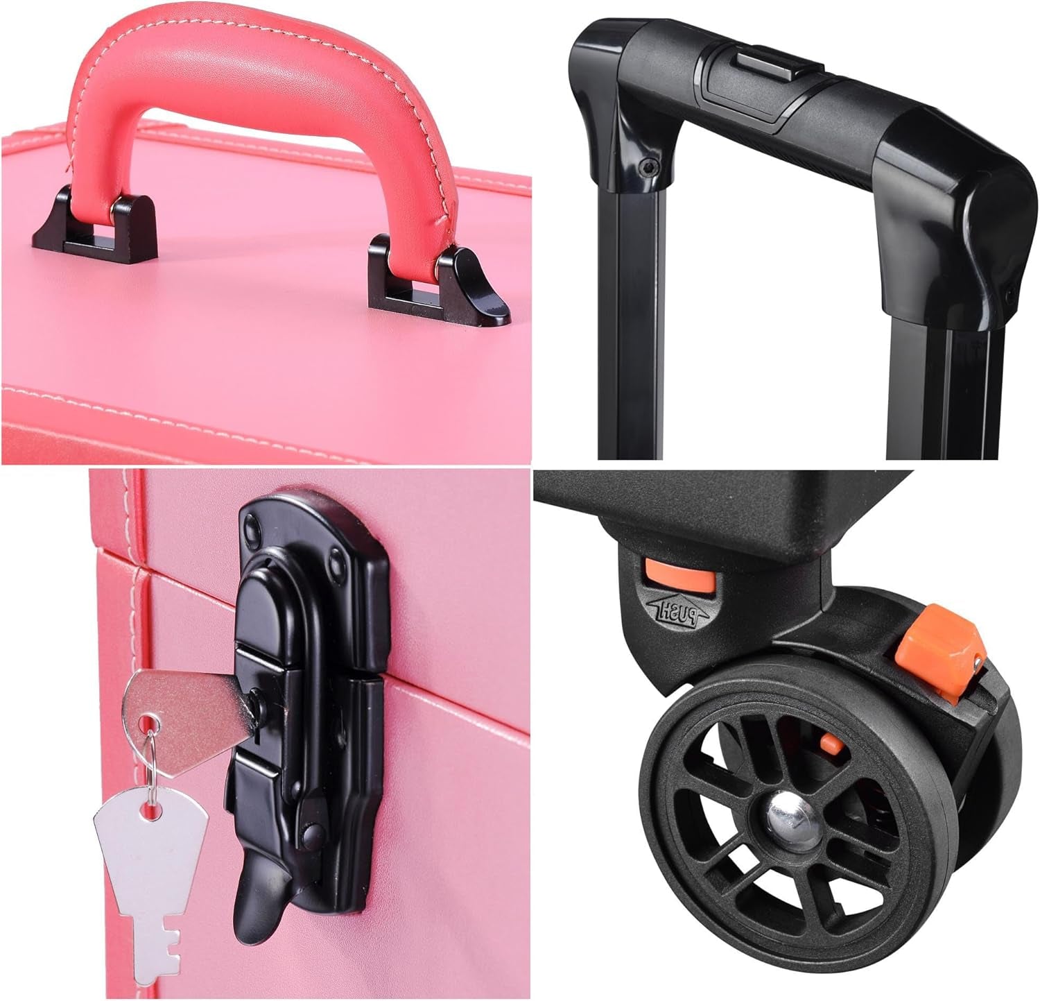 BYOOTIQUE Pink Rolling Makeup Case with Mirror Light Pro Large Cosmetic Artists Hair Stylist Barber Organized Trolley Lockable