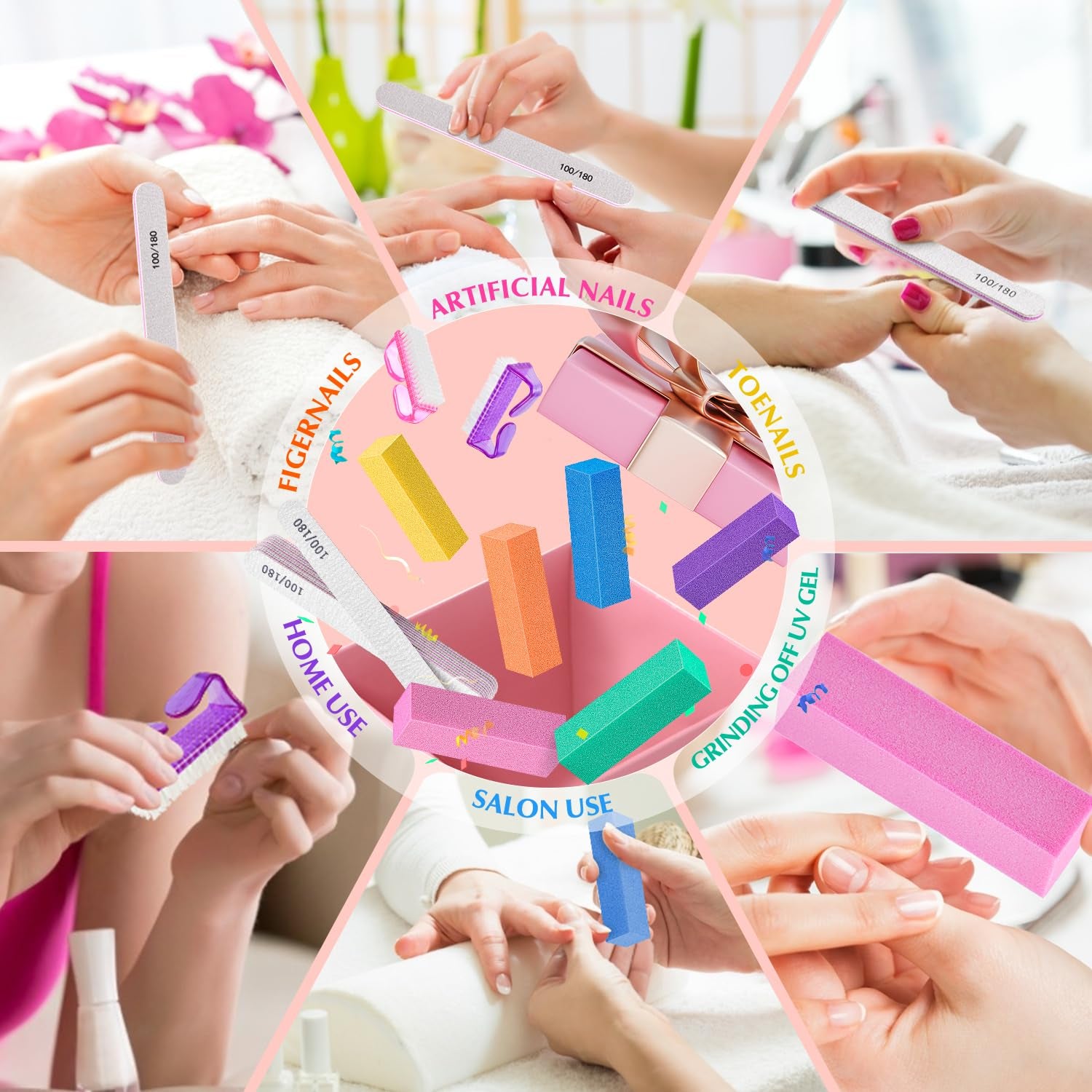 Nail Files and Buffers, Natural and Acrylic Nail Care Kit, 6 Pcs 100/180 Grit File, 6 Pcs Rectangular Buffer Blocks and 2 Brushes