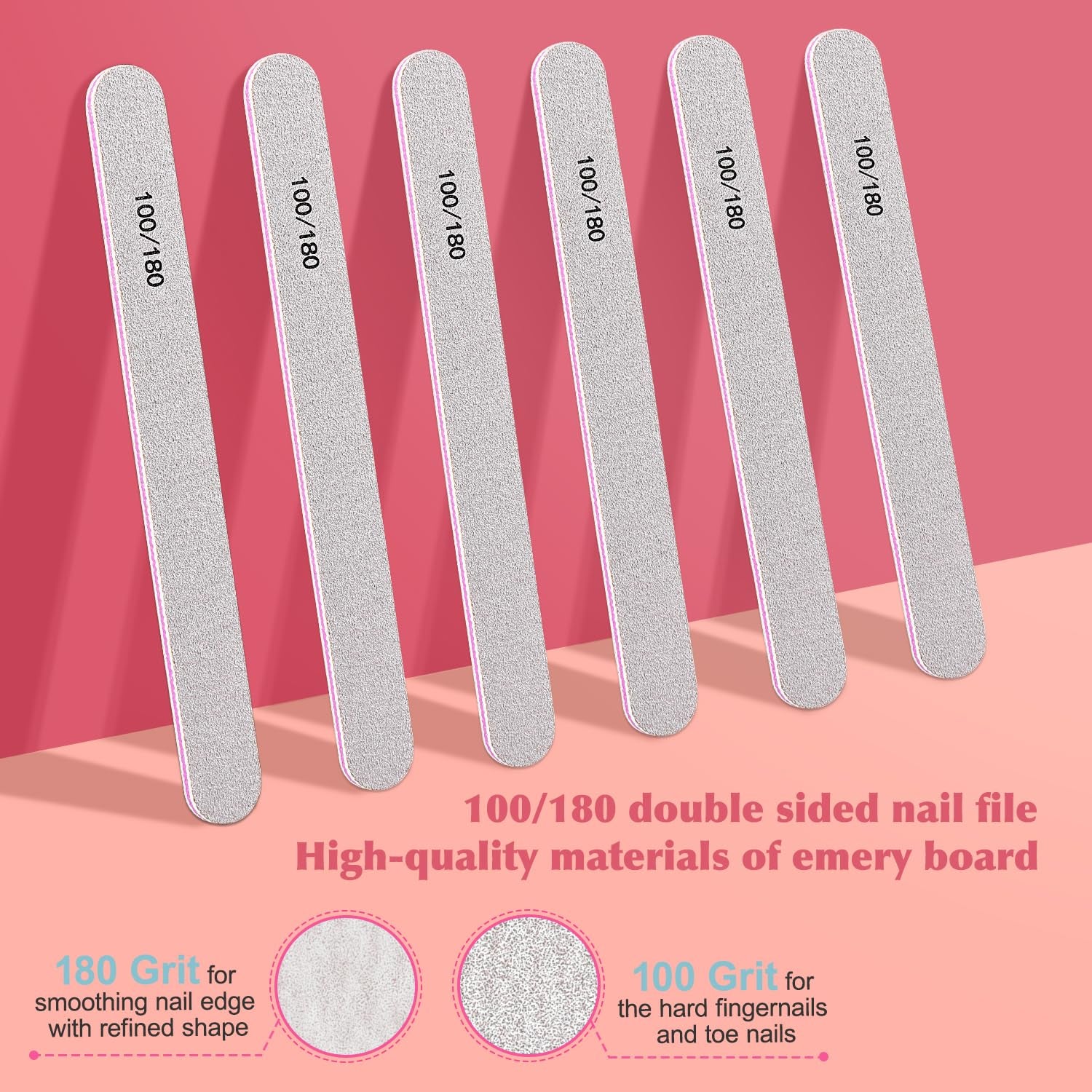 Nail Files and Buffers, Natural and Acrylic Nail Care Kit, 6 Pcs 100/180 Grit File, 6 Pcs Rectangular Buffer Blocks and 2 Brushes