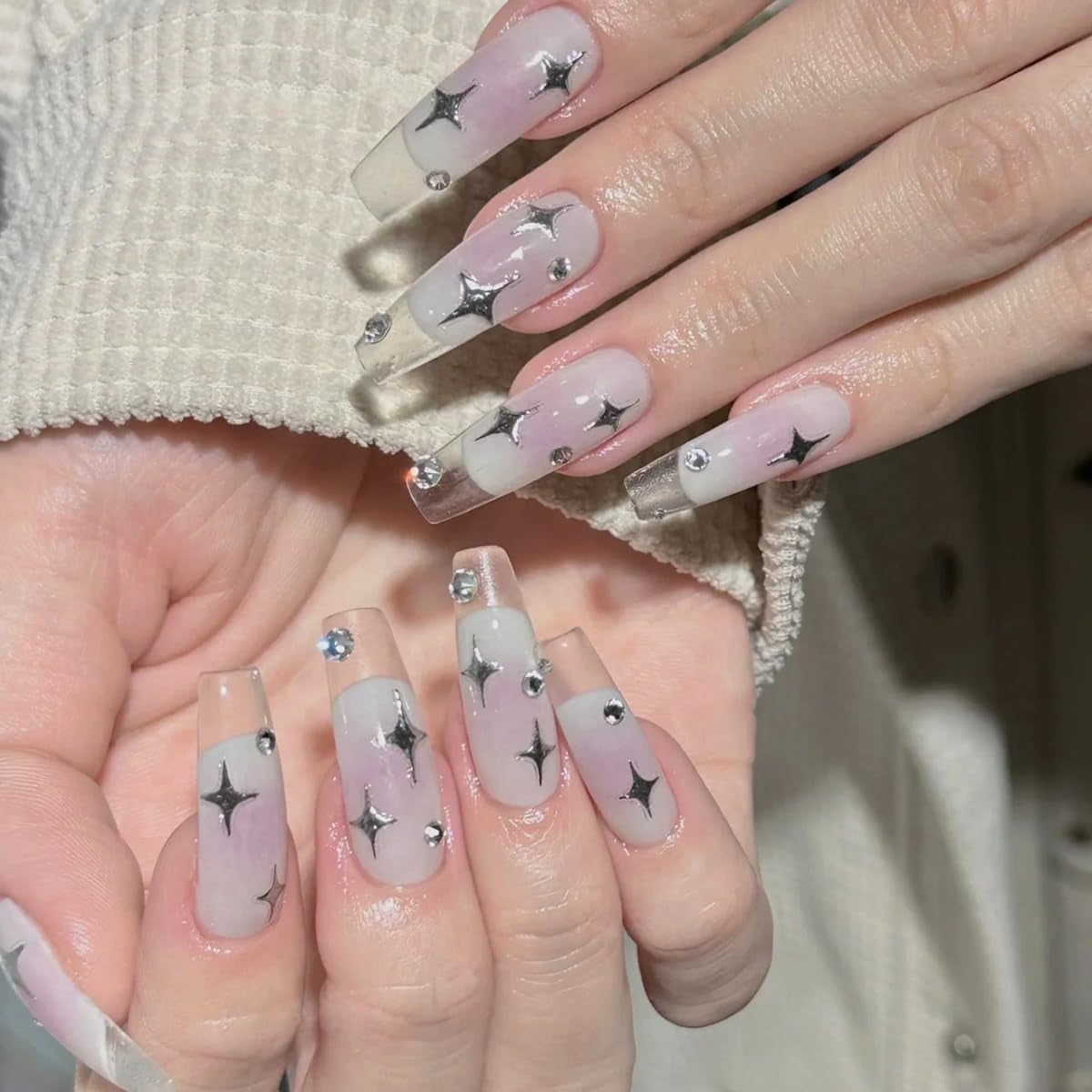 Star Nail Stickers 12Pcs Metallic Gold, Silver, White, Black Star Nail Decals Self-Adhesive Nail Art Stickers