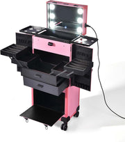BYOOTIQUE Pink Rolling Makeup Case with Mirror Light Pro Large Cosmetic Artists Hair Stylist Barber Organized Trolley Lockable