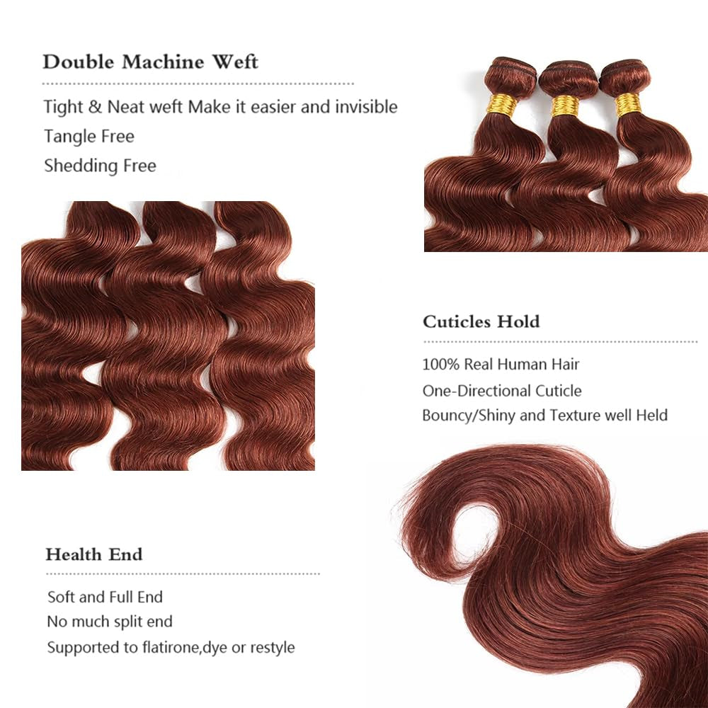 Color #33 Human Hair Body Weave Bundles Reddish Brown Body Wave Bundles Auburn Human Hair Double Weft Brazilian Remy Hair Weave Extensions Wet and Wavy Silky Soft for Black Women(26 28 30 Inch)