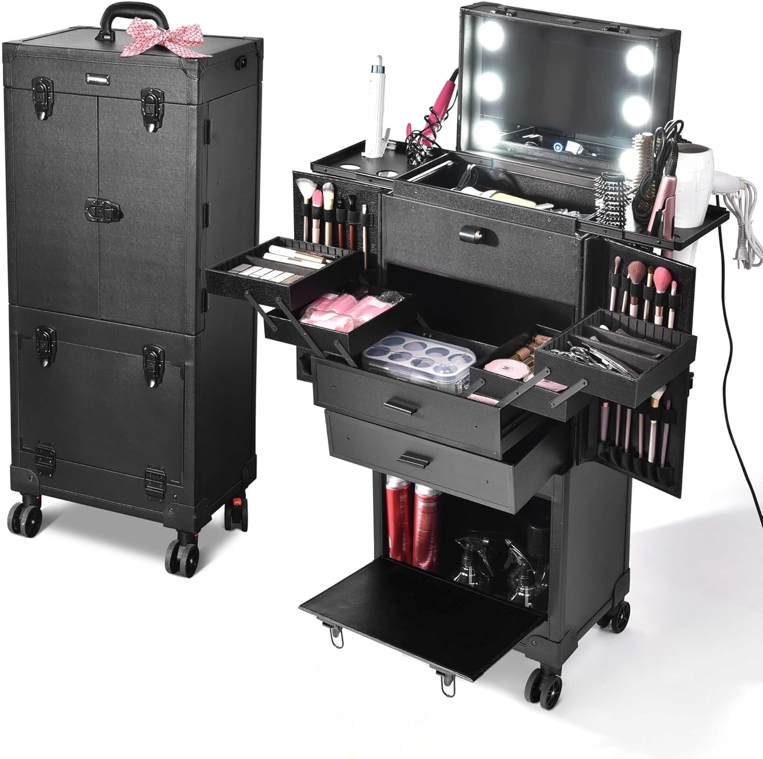 Black Rolling Makeup Case Trolley Lockable with Mirror Light Pro Large Cosmetic for Artists Hair Stylist Barber Organized