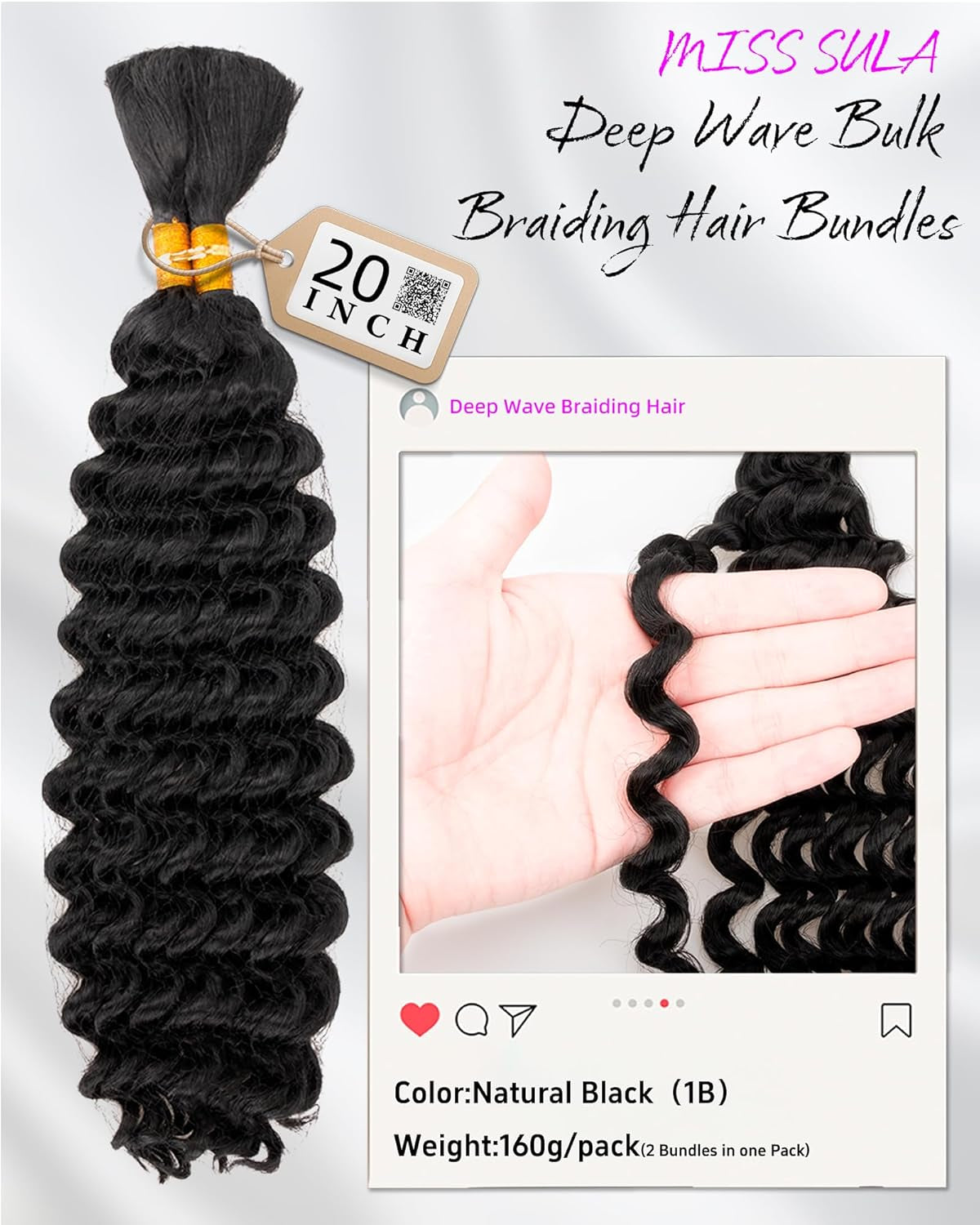 Deep Wave Bulk Braiding Hair-Wet and Wavy Human Braiding Hair,20 Inches 2 Bundle