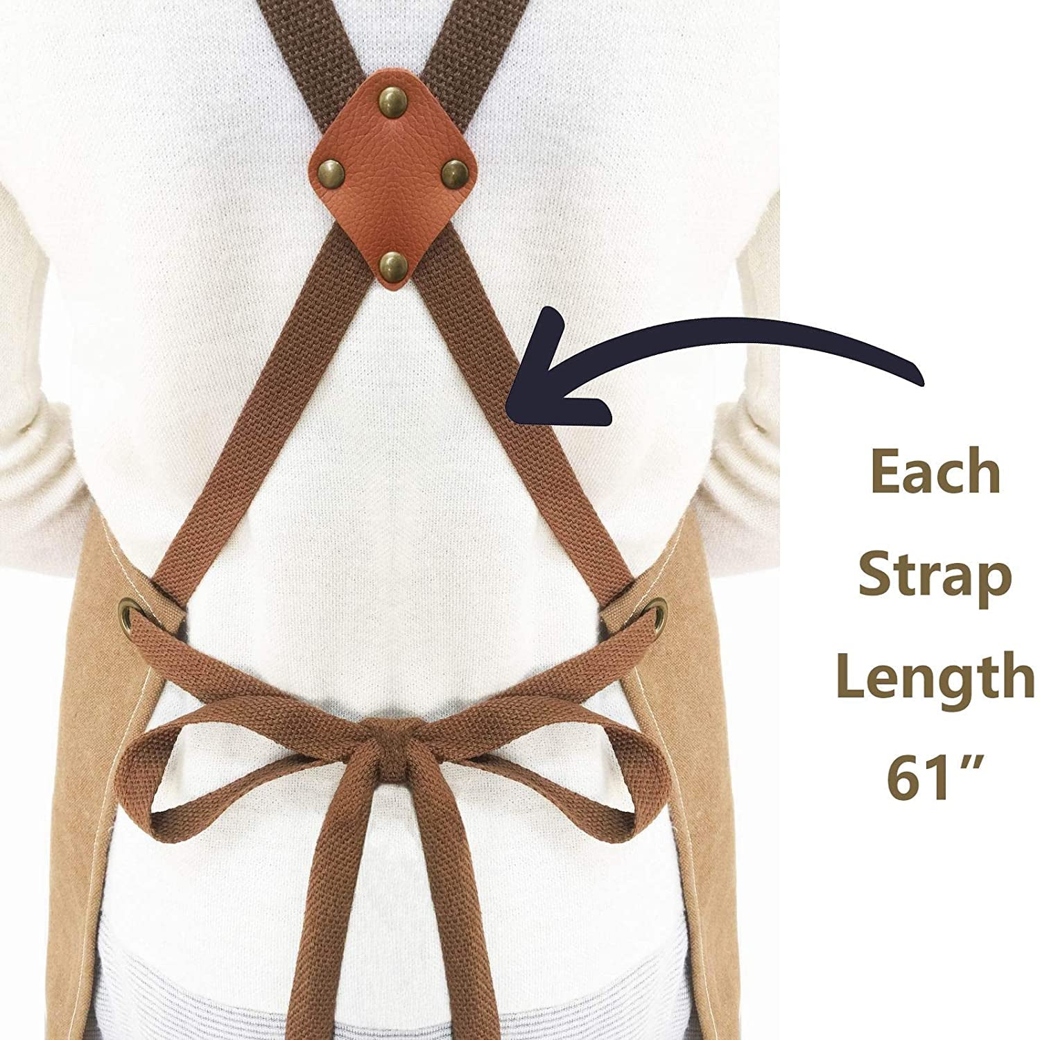 Chef Aprons for Men Women with Large Pockets, Cotton Canvas Cross Back Heavy Duty Adjustable Work Apron, Size M to XXL (Beige)