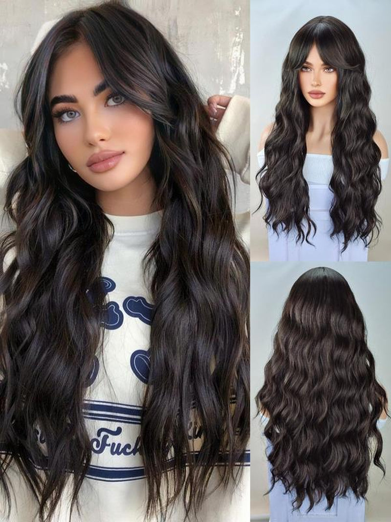 Long Curly Wigs for Women, Glueless Wigs Ready to Wear, Gorgeous Fluffy Wigs with Bangs, Synthetic Full Machine Wigs for Party, Daily Use
